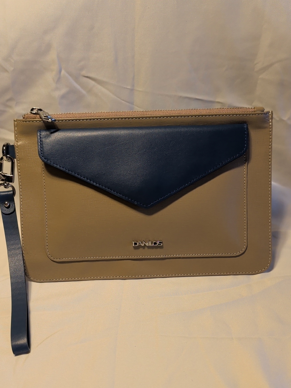 Beige and Navy Envelope Wristlet Clutch
